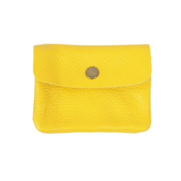 Mustard yellow leather pouch with a gold button on a white background.