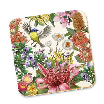 A cork coaster illustrated with birds and flowers.