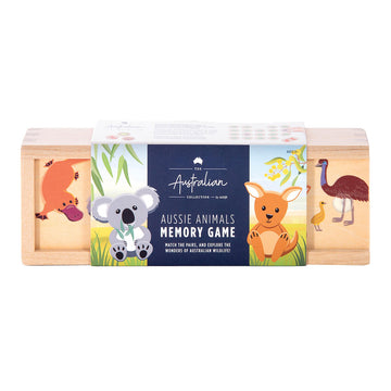A wooden box illustrated with Australian animals and a card sleeve around the box titled 'Aussie Animals Memory Game'.