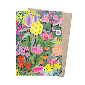 Floral card with colorful flowers on a white background.