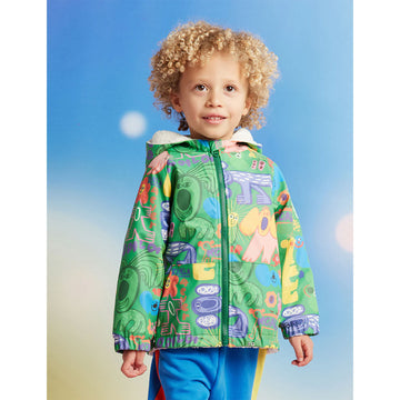 A kids green rain coat illustrated with koala motifs.