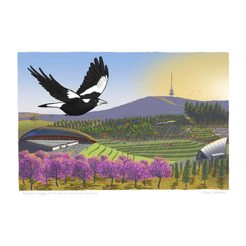 Illustration of a magpie flying over a landscape with trees and buildings.