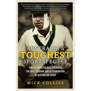 'Australia's Toughest Sportspeople' book cover featuring a photo of a cricket player with the book title across the middle.
