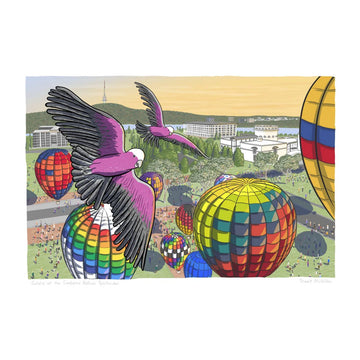 Colorful illustration of galahs among hot air balloons with a cityscape in the background.
