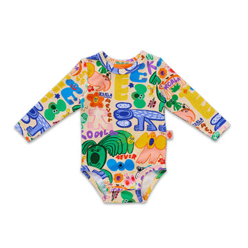 A baby long sleeve bodysuit illustrated with koala motifs.
