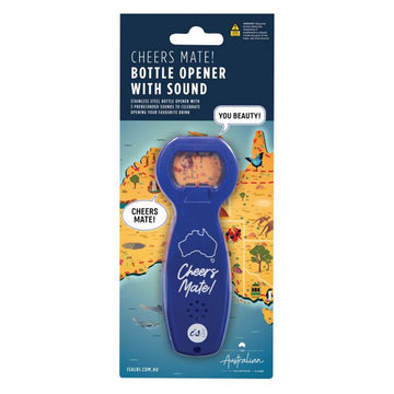 A blue bottle opener with the text 'Cheers Mate' and a map of Australia attached to an information card.