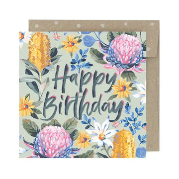 Floral birthday card with 'Happy Birthday' text on a light green background.