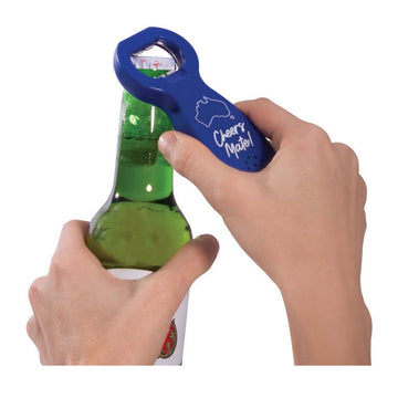 A blue bottle opener with the text 'Cheers Mate' and a map of Australia attached to an information card.