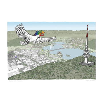 Illustration of a rainbow crested cockatoo flying over Canberra.