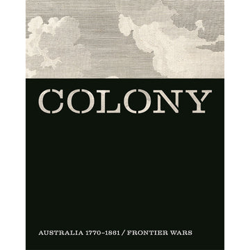 'Colony' book cover featuring a black and white illustration of clouds on the top quarter of the cover and a black for the rest.