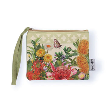 Floral patterned coin purse with a strap on a white background.