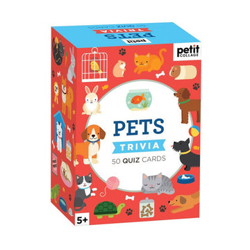 A box titled 'Pets Trivia' with illustrations of different cats, dogs and other pets on a red background.