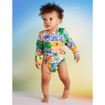 A baby long sleeve bodysuit illustrated with koala motifs.