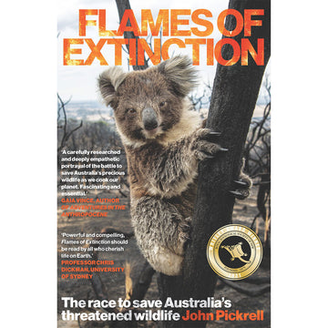 'Flames of Extinction' book cover featuring a photo of a koala in a tree surrounded by burnt out bushland.