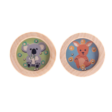 Two small round wooden puzzle mazes, illustrated with a koala and kangaroo each and silver balls in the maze holes.