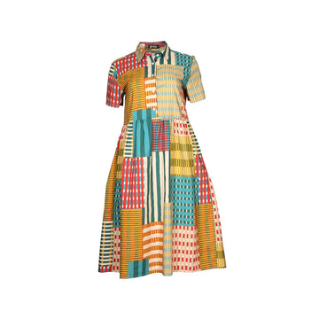 Colorful patterned dress on a white background.