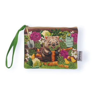 Pouch with a design of a quokka holding a carrot in a garden setting on a white background.