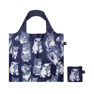 A reusable shopping bag in dark blue illustrated with cats.