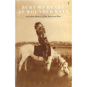'Bury My Heart at Wounded Knee' book cover featuring a photo of a person sitting on a horse with a brown filter over the photo.