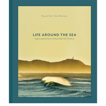 'Life Around the Sea' book cover featuring a photo of a wave with a hill and lighthouse in the background.