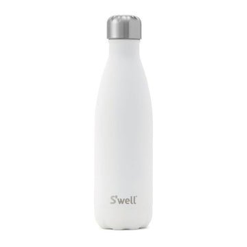 A white bottle with a silver lid and the text 'S'well' written at the bottom.