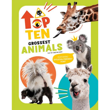 'Top Ten Grossest Animals' book cover featuring photos of different animals including a giraffe and koala.