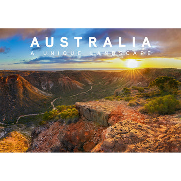 'Australia A Unique Landscape' book cover featuring a photo of rocky mountains in Australia at sunset.