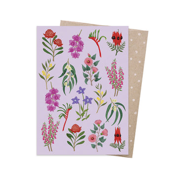 Card with floral illustrations on a light purple background.