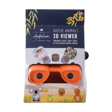 A viewfinder in orange inside a box illustrated with Australian animals and the heading 'Aussie Animals 3D viewer'.
