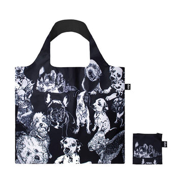 A black reusable shopping bag printed with different dogs in white.