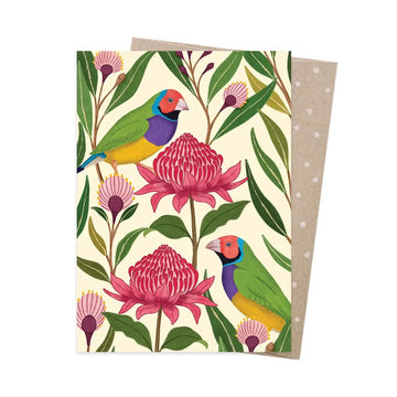 Card with colorful birds and pink flowers on a beige background.