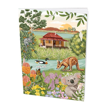 Scenic pocket notebook with a house, animals, and nature elements.