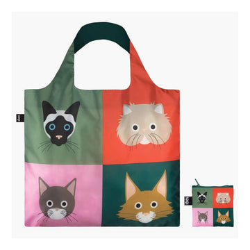 A reusable shopping bag illustrated with four cat faces in a grid design.