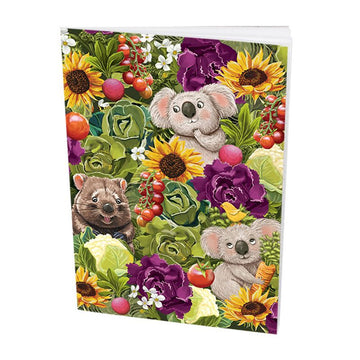 Pocket notebook with koalas and Australian flora on a white background.