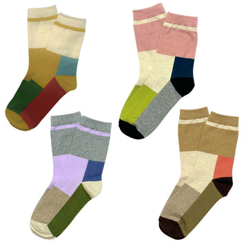 Four pairs of socks each printed with different coloured rectangles.