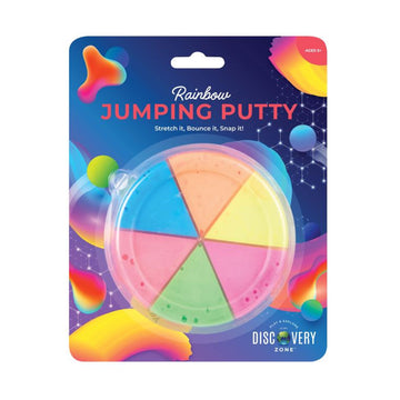 Six different coloured putties making a circle shape attached to a product card titled 'Rainbow Jumping Putty'.