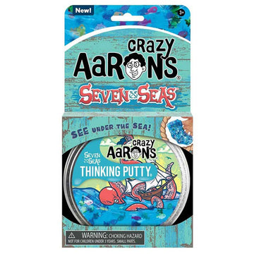 A packet with a round container inside titled 'Crazy Aarons Seven Seas Thinking Putty with images of fish, an octopus and ship.