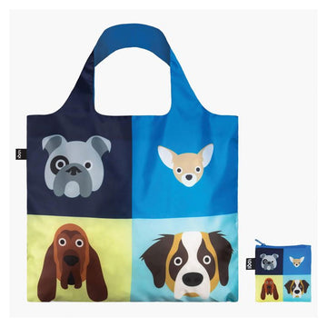 A reusable shopping bag illustrated with four different dog faces in a grid design.