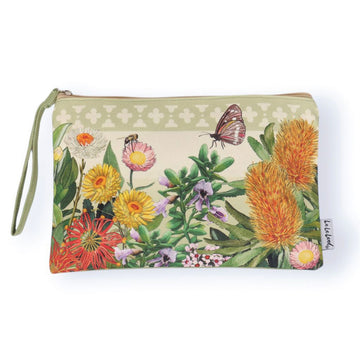 Floral patterned pouch with a green strap on a white background.