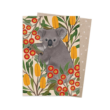 Card with a koala illustration surrounded by flowers and leaves on a white background.