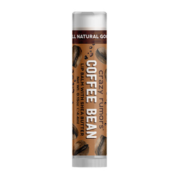 A tube of lip balm with the text 'Coffee Bean' on the side with images of coffee beans on a brown label.