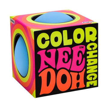 A stress ball inside a box with the text 'Colour Change Nee Doh on the front.