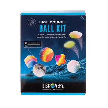 A dark blue box titled 'High Bounce Ball Kit' with a photo of different coloured and shaped crystal balls.