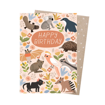 Birthday card with Australian animals and 'Happy Birthday' text on a floral background.