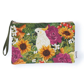 Colorful pouch with a parrot and floral design on a white background.