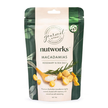 A green packet with the title 'Nutworks Macadamias Rosemary and Sea Salt' and a photo of some nuts and a spoon full of salt.