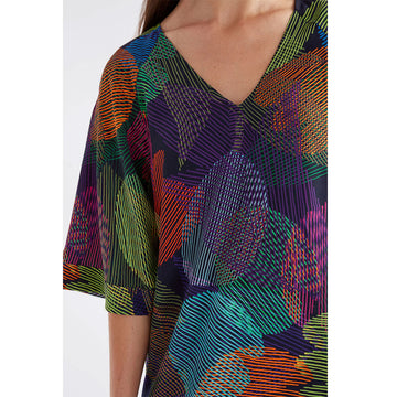 An image of a Ombra print dress with greens, blues and pink colour.