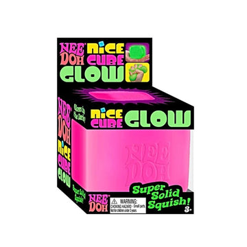 Pink toy packaging with 'Nice Doh Cube Glow' branding on a white background.