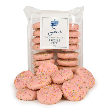 Packaged pink cookies with sprinkles and a visible brand label on a white background