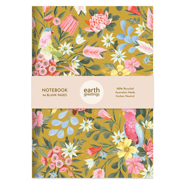 Floral notebook with 'earth greetings' branding on a white background.